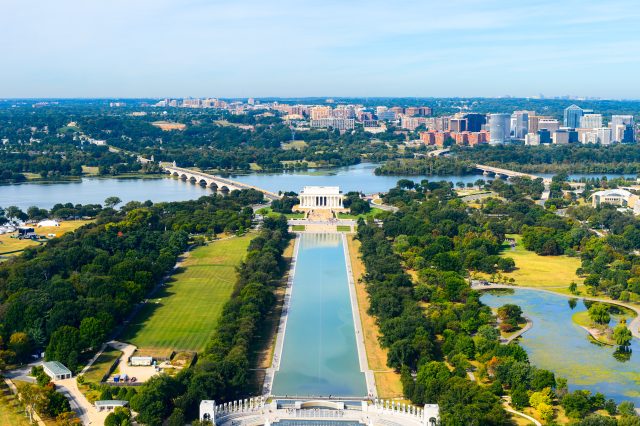 Aerial view of the Abraham Lincoln memorial, Washington DC, USA