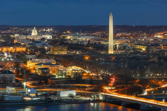 Top view scene of Washington DC down town which can see United states Capitol, washington monument and lincoln memorial, history and culture for travel concept